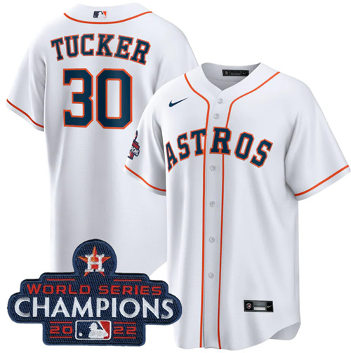 Men's Houston Astros #30 Kyle Tucker White 2022 World Series Champions Home Stitched Baseball Jersey - Click Image to Close